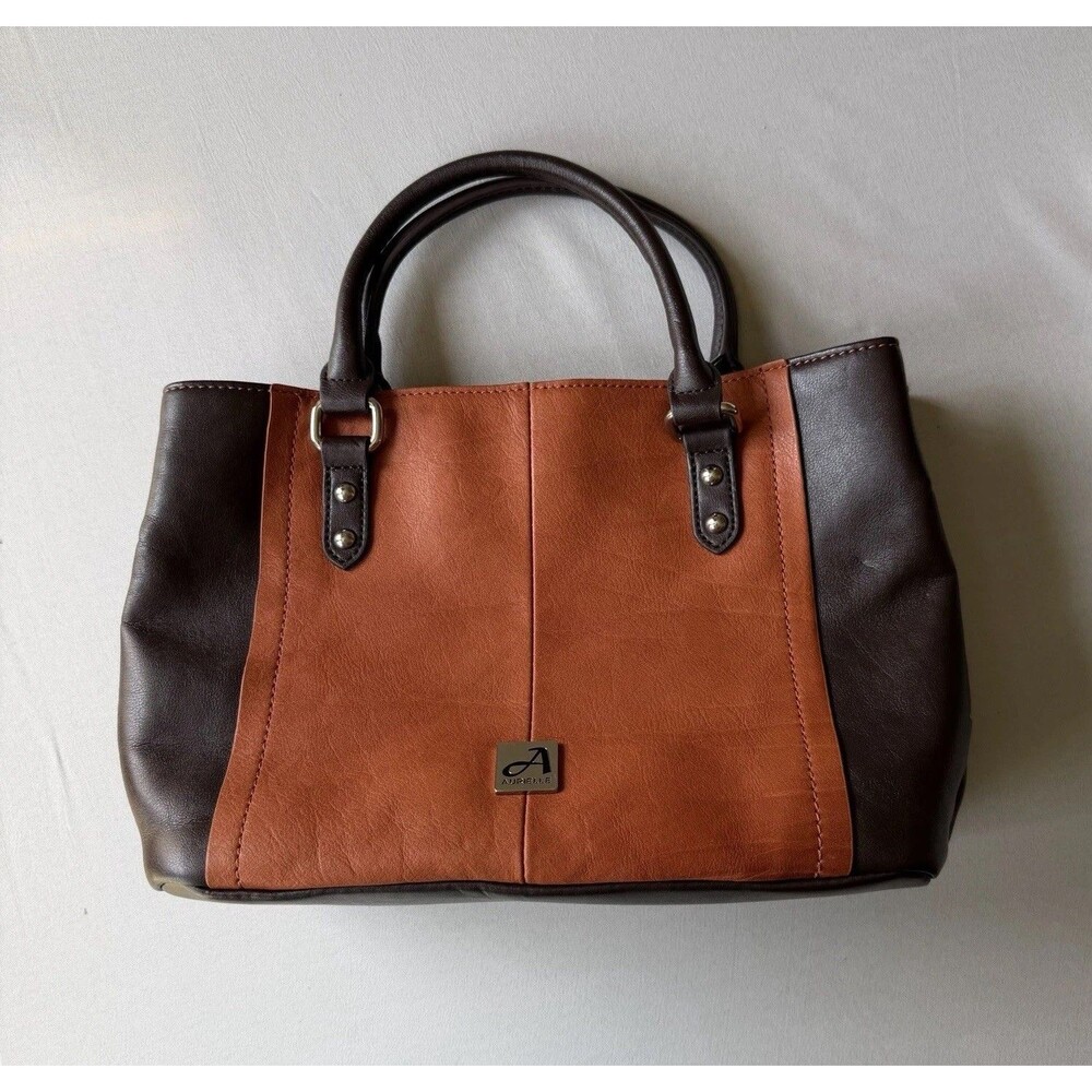 VTG Aurielle 90s Brown Tan Two Tone Leather Satchel Handbag Triple Compartment